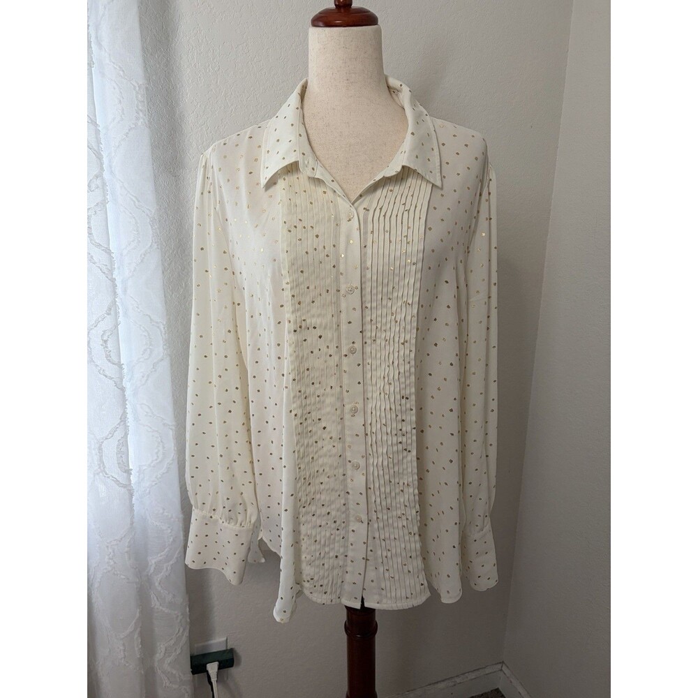 Untuck It Women’s Button Down Shirt Size 18 Cream Pleated Gold Polka Dot Career